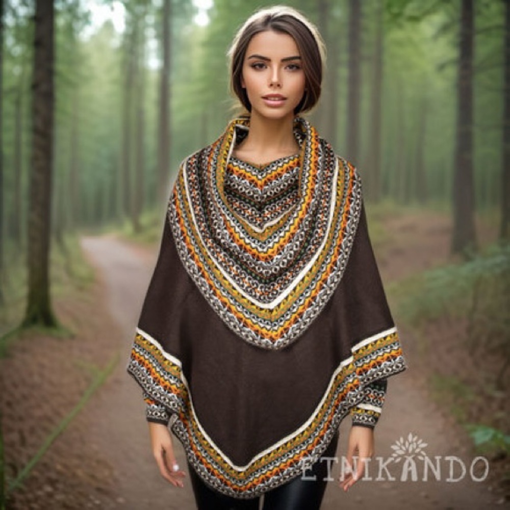 Handmade Alpaca Aztec Turtleneck Layered Cape Poncho - One Size Fits Most